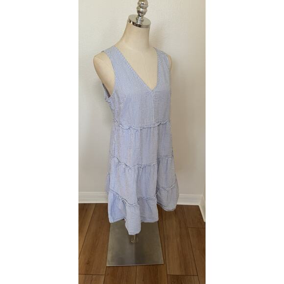 J. Crew Seersucker Ruffle Tiered Mini Dress Blue White Striped 6 Coastal Prairie - Picture 11 of 16